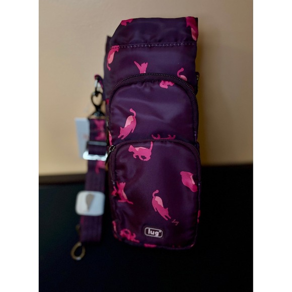 lug Handbags - New Lug Huggie Water Bottle Holder Crossbody Bag Purple Cat-Astravaganza Print